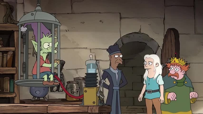 Scene from Disenchantment, Elfo sitting in a cage eating a cookie while being drained of blood.